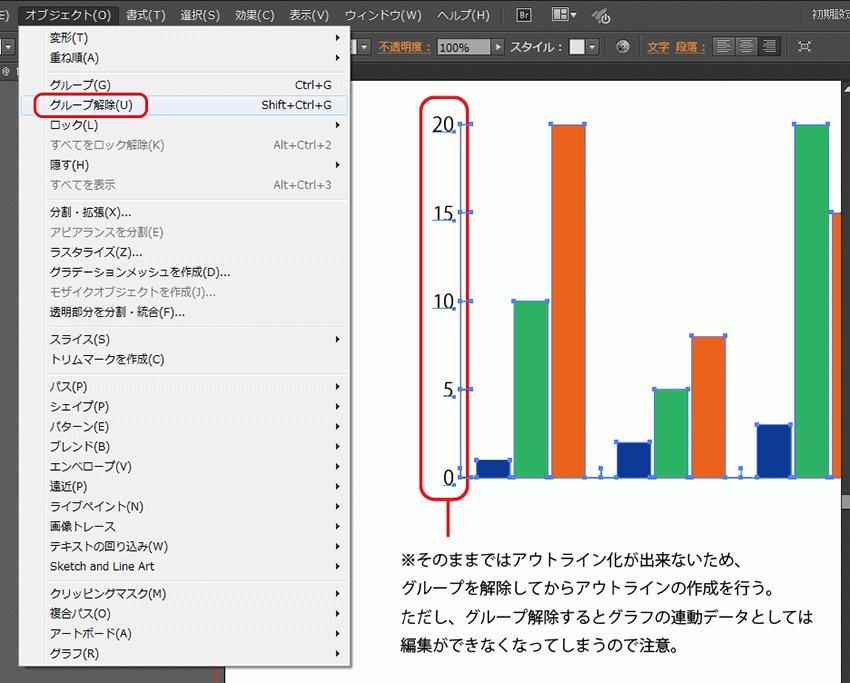 グラフ内の文字をアウトライン化するにはグループを解除してから。ただし解除するとグラフ連動がきれる。